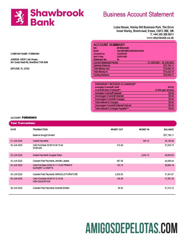 Modelo de extrato de conta empresarial do Realista Shawbrook Group em Word e PDF